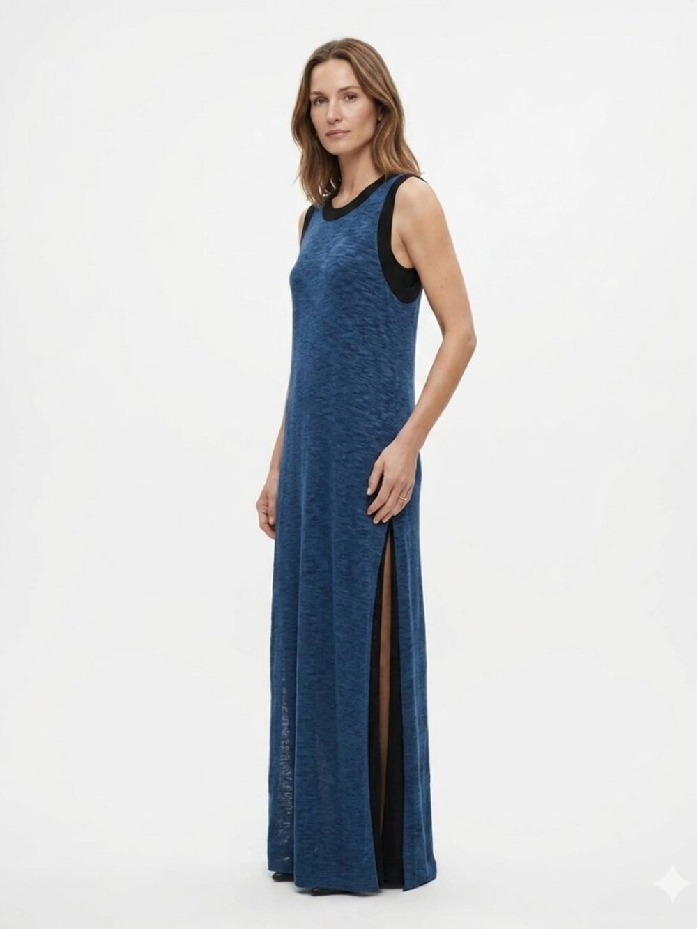 Diesel BLUE CHAMBRAY BLACK HEM SLEEVELESS SLIT MAXI CASUAL DRESS